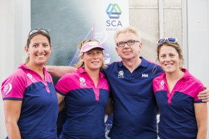SCA team members Dee Cafari (left) and Abby Ehler with John Mc Donald of ShelfLife and Sam Davies, skipper of Team SCA, just before the Lisbon to Lorient leg of the yacht race