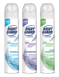 Right Guard 3D Protection is also available for women as Invisible, which protects against white marks; Aloe Sensitive, for sensitive skin; and Unscented