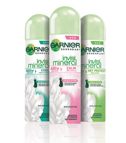The Garnier Invisi Mineral Deodorant range is available in 250ml and 150ml sprays and a roll on  