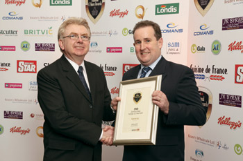 ShelfLife publisher John McDonald presents the runner-up certificate for the Gold Award (Stores 2,000 to 4,000 sq ft) to Roy Connor of Spar, Dominick Street, Mullingar