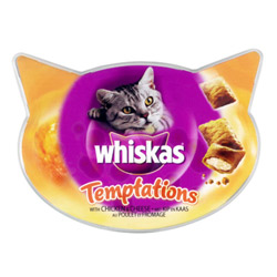 The Whiskas Temptations range contains treat products such as Temptations Chicken, Beef and Salmon