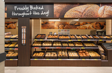 The well-stocked bakery sits on the back wall and is a hugely important part of the store