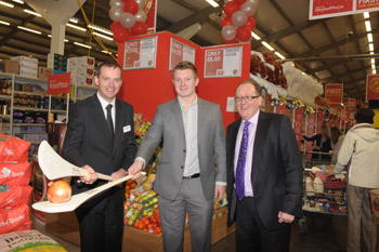 Jim Bourke, general manager, MarketPlace Galway, Galway Hurler, Joe Canning and Martin Kelleher, MD Musgrave Wholesale Partners help relaunch the new MarketPlace in Galway