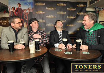 From left: Steve Carell, David Koechner, Paul Rudd, David and Will Ferrell enjoying a pint in Toners of Baggot Street prior to the Anchorman II premiere&hellip;