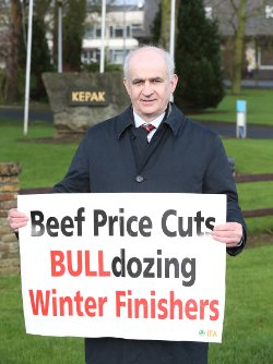 IFA president Eddie Downey protesting outside the Kepak meat factory in Clonee, Co. Meath over beef prices