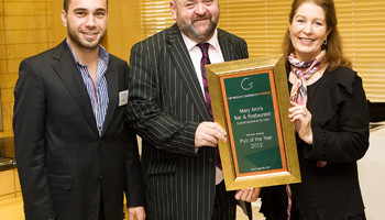From left: Ferdi Et and Fergus O&rsquo;Mahony (proprietor) of Mary Ann&rsquo;s Bar & Restaurant, Castletownshend, Co Cork, receive the Pub of the Year Award 2012 from Georgina Campbell at the Georgina Campbell Awards in Bord Bia, Dublin.