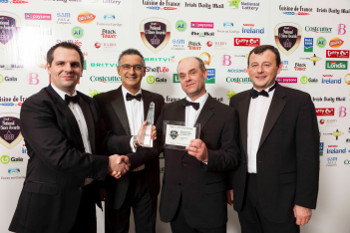 Nigel Scully, head of sales, The National Lottery, David Vaz, circulation manager, The Irish Daily Mail and Peter Jackson, managing director, Aryzta Food Solutions Ireland; present the Gold Award for Stores between 4,000 - 8,000 sq ft to Bernard Lynch from Lynch's Centra, Crosshaven