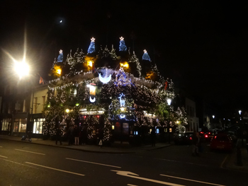 The Churchill Arms in its full Christmas glory. Could this pub be seen from space?