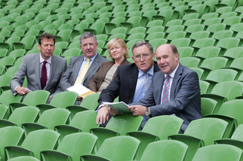 At the launch of the new tourism report in the Aviva Stadium recently were: DIGI Chairman Kieran Tobin with (from left) Tourism Ireland’s Shane Clarke, Horse Racing Ireland’s Mick O' Rourke, the Dublin International Film Festival’s Joanne O' Hagen and DCU Economist and author of the report Anthony Foley.