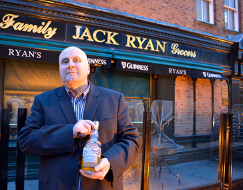Eunan Ryan with his Jack Ryan whiskey outside the Beggars Bush pub.