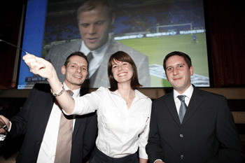 From left: Tim Payne, Jane Shepard and Roy Martin of LG in the Living Room bar for the unveiling of the first 200in 3D screen, the largest 3D TV screen in Europe.