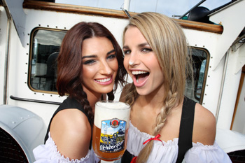 From left: Mairead O’Farrell and Vogue Wilson on board the Cill Airne boat at the IFSC in Dublin to kick off the Paulaner Oktoberfest.