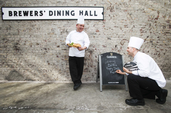Chalking-up a win: From left: Storehouse chefs John Beuno and Rafal Jachs chalk-up news of the limited-edition dish  ‘Rugby Ball Pie’ to be served to visitors throughout the St Patrick’s weekend.