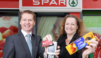 Seamus McHugh, marketing manager at CBE and Veronica Sullivan, head of IT at BWG Foods, outside Brady&rsquo;s Spar, Mulhuddart, Dublin 15