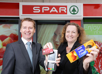 Seamus McHugh, marketing manager at CBE and Veronica Sullivan, head of IT at BWG Foods, outside Brady’s Spar, Mulhuddart, Dublin 15