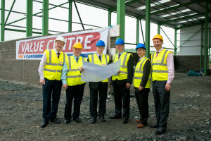 Wesley Harris, assistant manager Value Centre Letterkenny; Ger Meaney, project manager; Willie O’Byrne, BWG Foods managing director; John Moane, BWG Foods Wholesale managing director; Niall Mangan, Value Centre regional manager; and Kieran Barron, manager Value Centre Letterkenny surveying work being carried out on the Letterkenny centre.