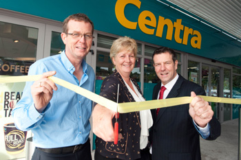 Terry and Sieglinde Murphy and Ian Allen, Centra sales director, at the official opening of the store