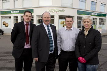 Terry Donnan, Daybreak project coordinator, Paul Mullen, Daybreak territory manager, and retailers Paul Doyle and Pauline Maguire