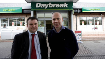 Musgrave territorial manager Trevor Cannon and retailer Kieran Cotter outside his newly revamped c-store in Carrigaline which joined the Daybreak brand just last month