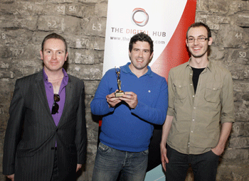 At the DARE2BDRINKAWARE.ie film and multimedia awards ceremony in the Wood Quay Venue in Dublin recently were (from left): John Kennedy, Editor of SiliconRepublic.com and  the winners of the Best Multimedia Project Award and of the Public Vote - Best Multimedia for their ‘drinkaware comic’ - Roy Duggan and TJ Fogarty from Limerick Institute of Technology.