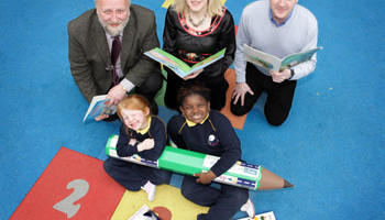 Fergus Finlay, Barnardos, author Sarah Webb, and Londis retailer Joe O’Flynn with two budding writers at the launch  of ‘Write up my Street’. Winning entries will be chosen by bestselling author Sarah Webb for inclusion in a specially commissioned book, the proceeds of which will go to Barnardos children’s charity