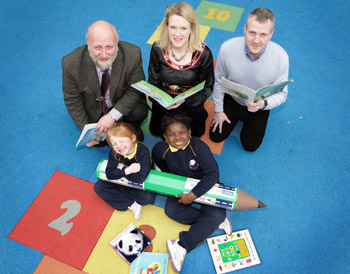 Fergus Finlay, Barnardos, author Sarah Webb, and Londis retailer Joe O’Flynn with two budding writers at the launch  of ‘Write up my Street’. Winning entries will be chosen by bestselling author Sarah Webb for inclusion in a specially commissioned book, the proceeds of which will go to Barnardos children’s charity