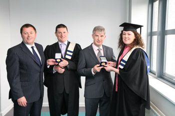 At the graduation ceremony for the BWG Foods Diploma in Retail Management are Malachy Hanberry, sales and retail advisory services director with BWG Foods, Gold Medal winners James Scanlon, SPAR Henry Street, Limerick and Lorraine Rabbitte, SPAR Santry along with Willie O’Byrne, managing director, BWG Foods