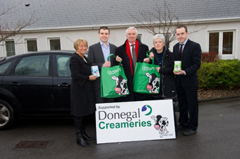 Grace Boyle (Donegal Hospice), Niall O’Donnell (sales manager Donegal Creameries), Dr James McDaid (chairperson Donegal Hospice), Helen McMahon (Donegal Hospice), Steven Perry (Donegal Creameries)