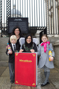 With Lucy Kennedy at the launch of Miwadifesto are six year olds Andrew Paul and Lily Dunne-Flemming and Christine Keohane, Miwadi marketing manager