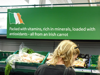 Despite clearly advertising Ireland as the country of origin of its carrots, neither Tesco on Donore Road, Drogheda, or the outlet in Ballybrack, Co Dublin (pictured), had a single Irish carrot among its stock on two separate visits, but instead had carrots from Spain, Portugal and UK