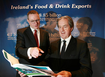 Bord Bia chairman Michael Carey and CEO Aidan Cotter examine the food board’s new report which shows the value of Irish food and drink exports increased by 12% in 2011