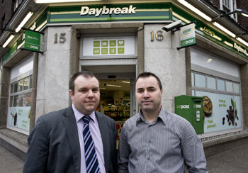 Musgrave territory manager Trevor Cannon and retailer Paul Cotter outside Cotter's Daybreak on Washington Street, Cork
