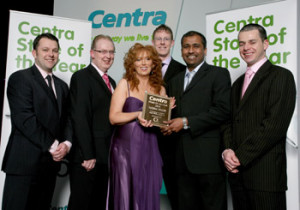 Mícheál Aherne, corporate sales manager o2, Donal Horgan, Centra managing director, and Michael Morgan, Centra sales director congratulate store owner Lil Courtney, Courtney’s Centra, East Wall, and store managers Barry Faye and Mohammed Sajjad on winning the title of Centra Store of the year 2010