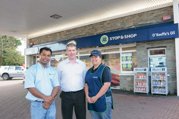 Store Owner Kieran O’Keeffe (centre) with store manager Rezaul Karim and deli manager Zaleha Binti Md Shafie. The O’Keeffe’s Oil c-store and forecourt in Rathmore, Co Kerry, is the 100th store to open under the XL Stop & Shop banner
