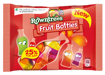 Rowntree’s Fruit Bottles contain 25% real fruit juice and are available in four favourite flavours; blackcurrant, cherry, orange and lemon-lime
