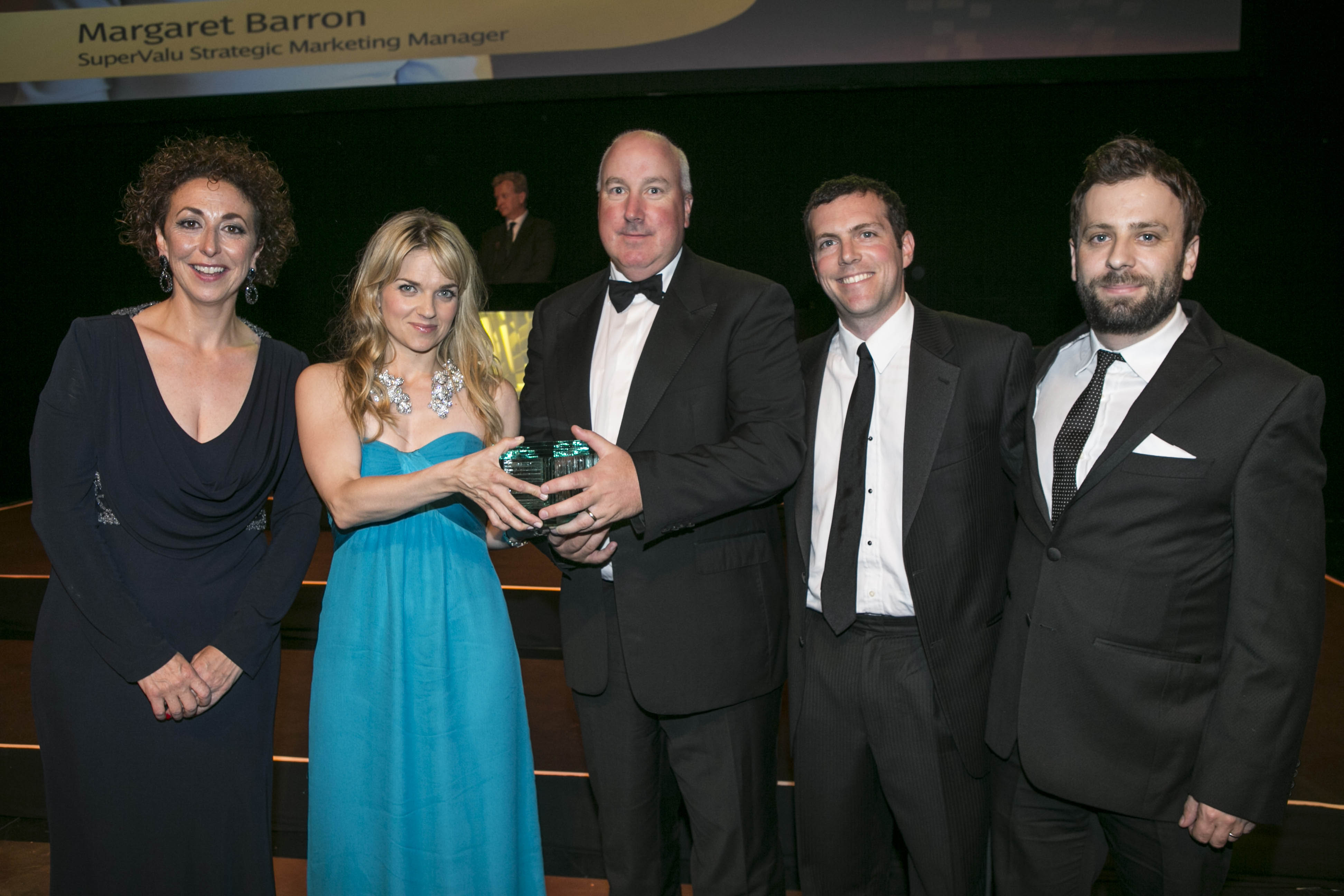 Receiving one of their awards at the Bord Gais Theatre are Tania Banotti CEO IAPI, Abi Moran from Target McConnell’s, Paul Candon from Topaz, Jason Nebenzahl from PHD and Paul Fisher from Target McConnell’s