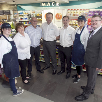 Team members at the successful Mace Blackrock store with BWG Foods retail operations advisor, Barry Flynn