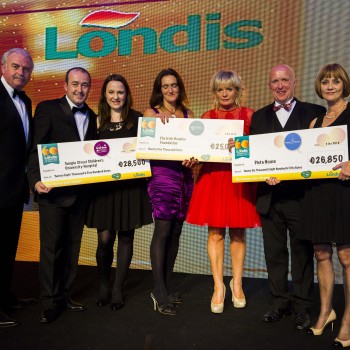 Londis presents €60k for 60 Years cheque to Temple St Children's Hospital, The Irish Hospice Foundation and Pieta House. (L-R) compere Marty Whelan, Stephen O’Riordan, Londis CEO; Margaret Murphy, Temple St Children’s University Hospital; Helen McVeigh, The Irish Hospice Foundation; Majella and John Roche, Londis Doneraile; Cathy Kelly Pieta House