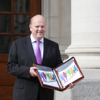 14/10/2014 Minister for Finance Michael Noonan arriving at Government Buildings to pose for the media ahead of the Budget for 2015