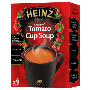 The Heinz Cup Soup range comes in three classic Heinz flavours: Cream of Tomato, Cream of Chicken and Vegetable