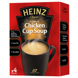  The Heinz Cup Soup range offers less than 100 calories per serving and comes in handy-to-use sachets