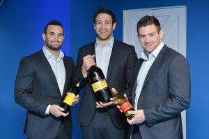 Leinster Rugby players, from left, Dave Kearney, Kevin McLaughlin and Fergus McFadden with Wolf Blass wines