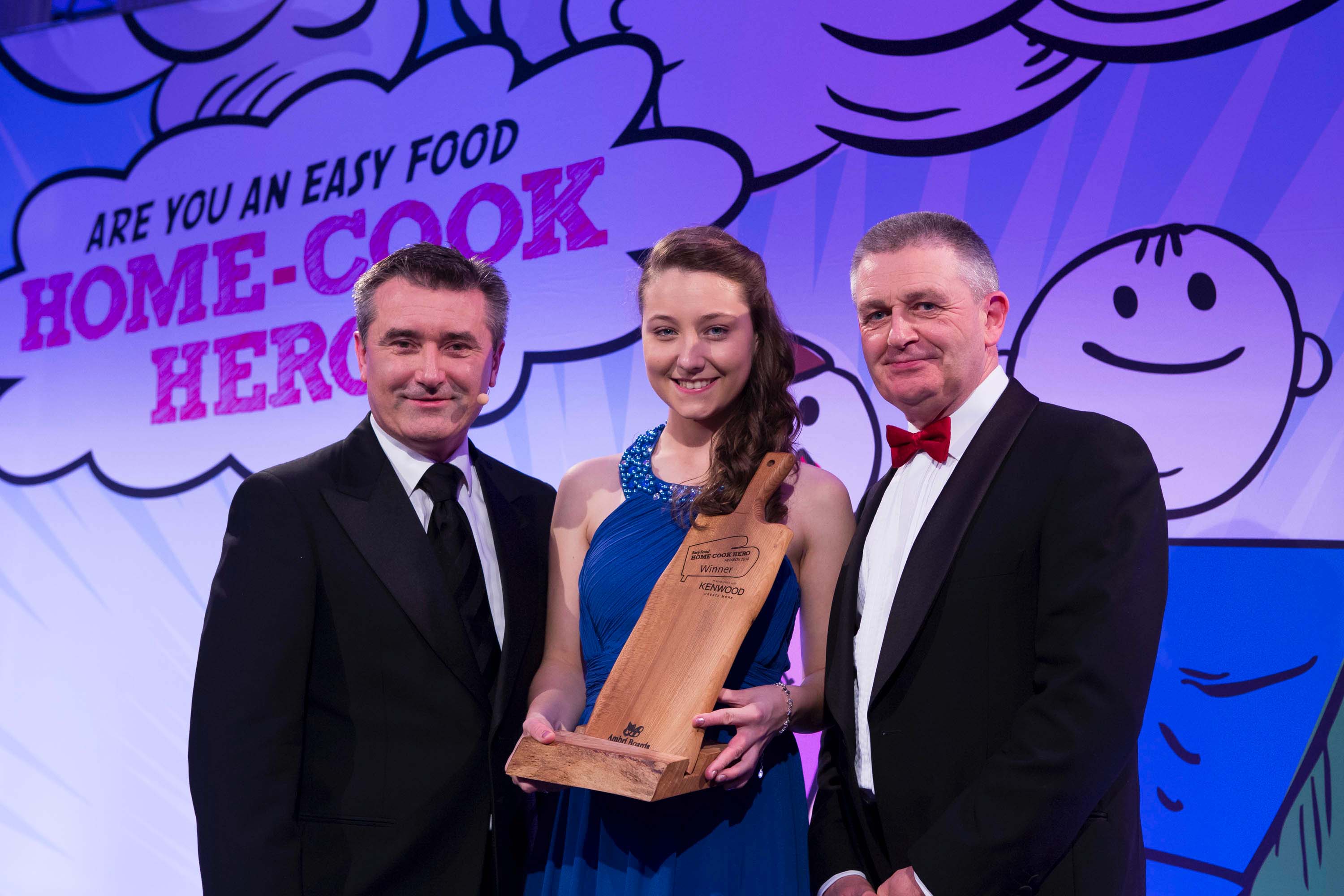 Martin King, host of the Easy Food Home-Cook Hero Awards 2014 with Fabulous Fowl winner Orla Dunleavey (age 16) from Bray, Co Wicklow, presented by Paul Birch of Moy Park in the Shelbourne Hotel, Dublin. Picture: Andres Poveda