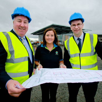 Discussing plans at the site in Clonshaugh in Dublin near Junction 3 are Paul Candon, Marketing and Corporate Services director at Topaz, Retail Network Development manager Jonathan Diver and Deirdre Bruton, Topaz staff member