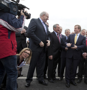 Taoiseach and Fine Gael leader Enda Kenny (with European Union Commissioner Phil Hogan outside the new Glanbia facility during March