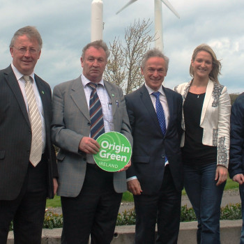 Eleanor Meade; Lorcan Bourke of Bord Bia; Philip Meade Sr.; Minister Richard Bruton, TD, Minister of Jobs, Enterprise and Innovation; Helen McEntee TD; Philip Meade Jr. and Gabriel Rowe, Department of Agriculture gather together following Minister Bruton’s raising of the Origin Green flag on Monday 13th April to mark the Meade Potato Company’s acceptance as full members of Origin Green, a sustainability certification programme
