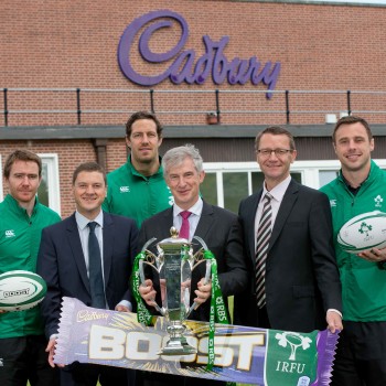 Irish rugby players Eoin Reddan, Mike McCarthy and Tommy Bowe were joined by Eoin Kellett, sales director of Mondelez Ireland, Willie O’Byrne, managing director of BWG Foods and Simon Marriott, trading director of BWG Foods at the Cadbury factory, Coolock, as Cadbury Boost is unveiled as the official chocolate bar to the IRFU