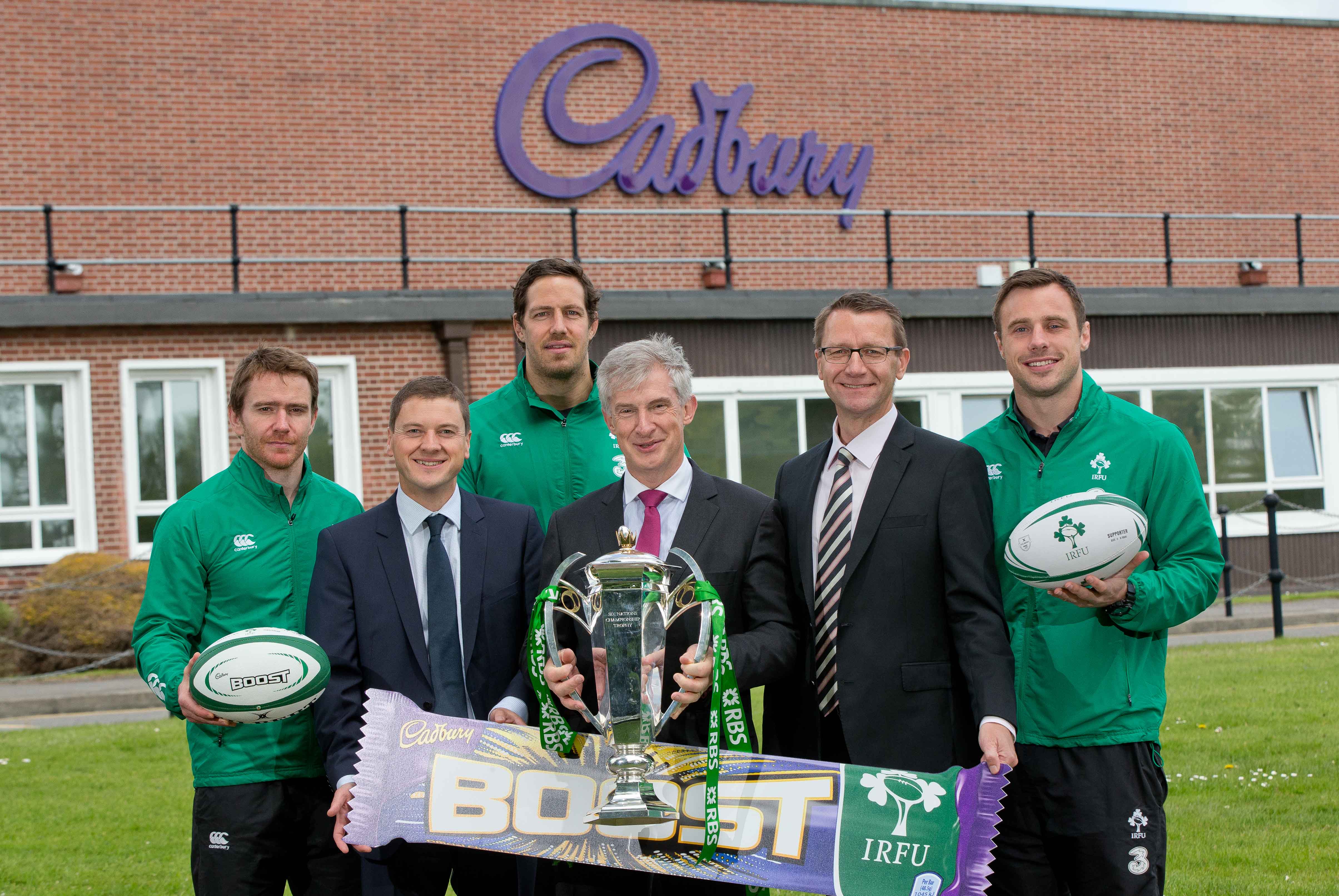 Irish rugby players Eoin Reddan, Mike McCarthy and Tommy Bowe were joined by Eoin Kellett, sales director of Mondelez Ireland, Willie O’Byrne, managing director of BWG Foods and Simon Marriott, trading director of BWG Foods at the Cadbury factory, Coolock, as Cadbury Boost is unveiled as the official chocolate bar to the IRFU