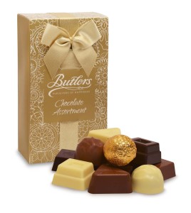 Butler's 225g giftwrapped Ballotin is beautifully presented in a luxurious gold box with coordinated wraparound and gold ribbon