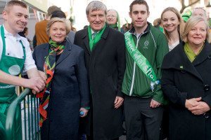 At Bord Bia's Irish Food Market in Trafalgar Square were chef John Relihan, Minister for Justice, Frances Fitzgerald, Ambassador of Ireland to Great Britain, Dan Mulhall, Jason Smyth, paralympian and Grand Marshall for the London parade, Michelle Butler, Bord Bia's UK manager and Gretta Mulhall